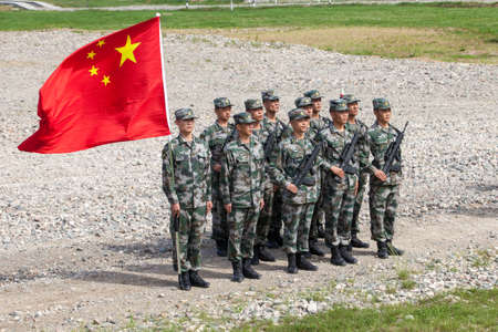 military competition ARMY2018, a platoon of Chinese soldiers with the flag of the Chinese People`s Republicのeditorial素材