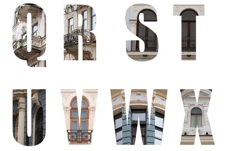 The letters of the alphabet Q,R,S,T,U,V,W,X And decorated in the form of ancient architecture with elements of vintage facades of old buildingsの写真素材