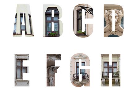 The letters of the alphabet A, B, C, D, E, F, G And decorated in the form of ancient architecture with elements of vintage facades of old buildingsの写真素材