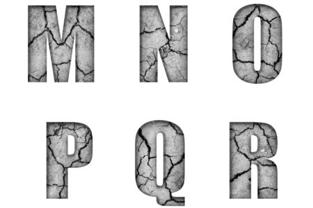 Alphabet letters M N O P Q R from cracked earth texture with volumetric shape and embossing.の写真素材