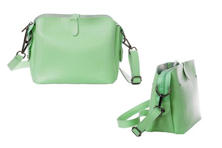Designer female Pistachio Colors small hand bag with long handle isolated on white backgroundの写真素材
