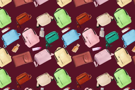 Geometric seamless pattern of female accessories on a burgundy backgroundの写真素材