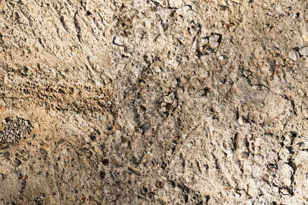 Close-up of a destroyed concrete pavement. Small stones of different colors come out. In sunlight, a play of light and shadow on an uneven surface is created. Ground with dust and sand mixed.の写真素材