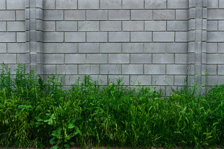 stone fence made of cinder block overgrown with grassの写真素材