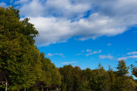 Autumn landscape on the outskirts of the forest without vacationers with sky and cloudsの写真素材