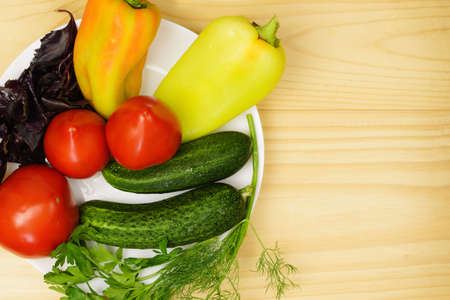Fresh vegetables and greens for vitamin salad on a plateの写真素材