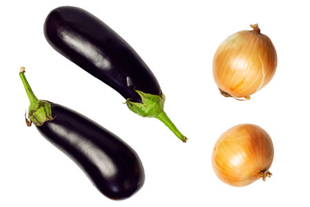 isolated vegetables. Two eggplant and onion isolated on white backgroundの写真素材