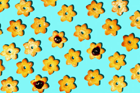 Texture of crispy cookies in the shape of stars on a blue backgroundの写真素材