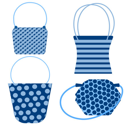 Set of isolated women's handbags. Icons of women's bags in blue tones in a flat design. Modern fashion accessories with long and short handles, pockets and buckles. Fashionable and glamorous bags. Illustration.の写真素材