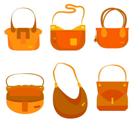 Women handbags collection of fashionable items isolated icons set. Bags with zippers and pockets, handles and adjustable shoulder straps laceの写真素材