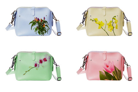 Youth handbags of different colors decorated with flowersの写真素材