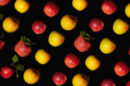 Colorful fruity pattern of fresh red and yellow apples on a black background. View from aboveの写真素材