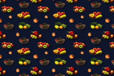 Vegetable repeat pattern with different vegetables with different layout . vegetable printの写真素材