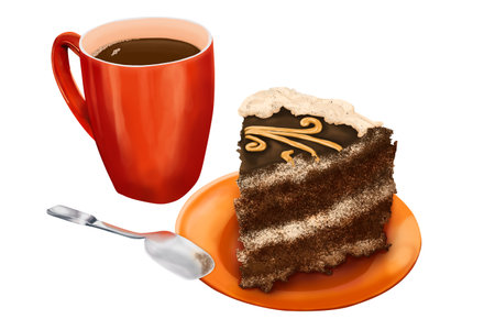 Coffee in an orange cup and slice of cake with a spoon on an orange saucer on a leather surface in a cafeの写真素材