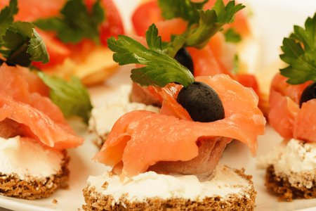 Small sandwiches with salmon on a platter for appetizersの写真素材