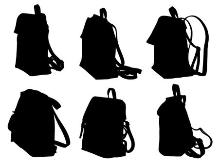 Set of black flat layer icons with city backpacks. forms of everyday youth backpacksのイラスト素材