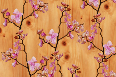 Pattern of pink orchids and plank wooden backgroundの写真素材