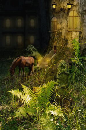 A horse grazes near a house in a dark forestの写真素材