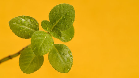 Young plant sprout with drops and yellow background