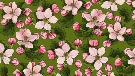 Blooming apple flowers with pink tint of petals and buds with leaves in a seamless repeating spring pattern. Floral print to decorate the backdrop of the project.の写真素材