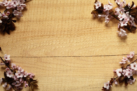 Cherry blossom branches on board for project decoration.の写真素材
