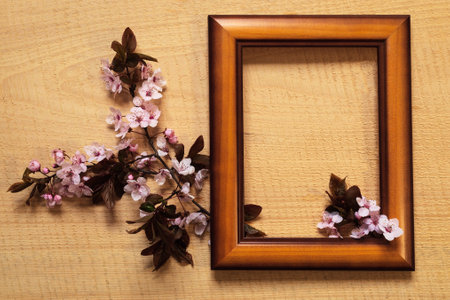 Congratulatory design with wooden frame and flowers.の写真素材