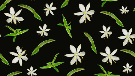 Print with small white flowers and leaves.