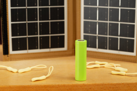 Portable solar panel in the background and a modern 18650 battery on the table. Using solar energy...