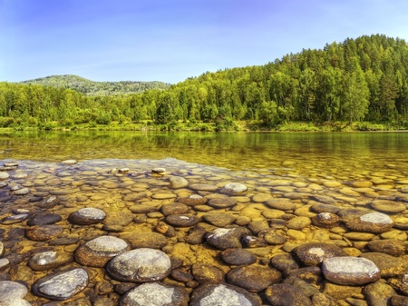 The shot of opposite shore of Lebed river in Turochak village  Russia, Altai Republic の写真素材