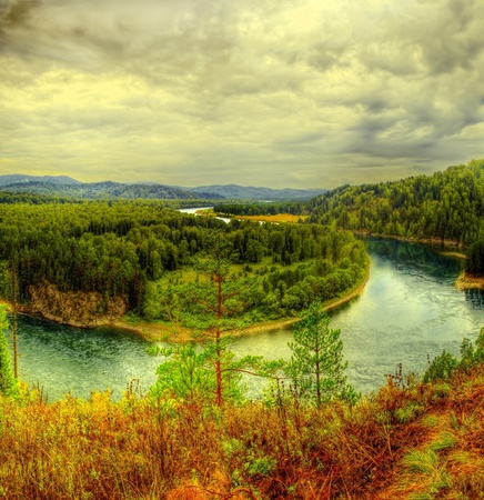 The panorama of  Biya  river in Turochak village  Russia, Altay Republic の写真素材