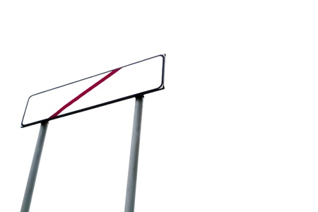 Down shot of empty signpost with crossed red line on white backgroundの写真素材