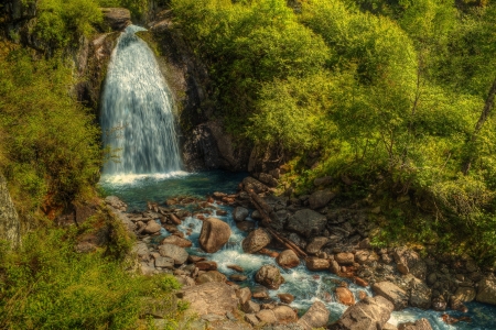 The Korbu waterfall in mountains of Altay Repuplic  Russia, Siberia の写真素材