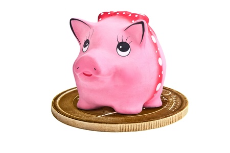 Side shot of the cute piggy ceramics moneybox on euro coinの写真素材