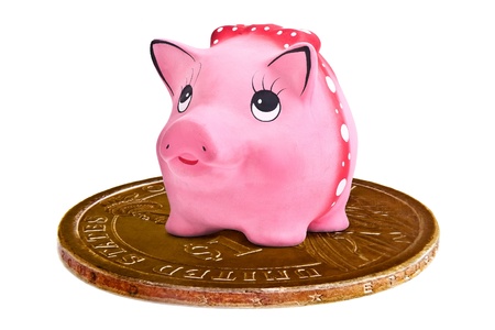 Side shot of the cute piggy ceramics moneybox on dollar coinの写真素材