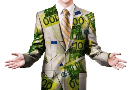 Man in 100 euro suit offers make a choiceの写真素材