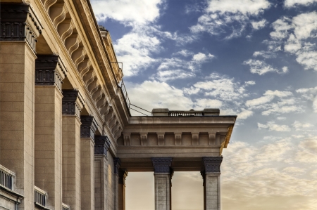 Novosibirsk opera theater architectural detail of columns against sky during sunsetの写真素材