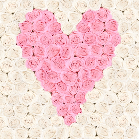 Pink heart consisting of roses with flower background - valentine cardの写真素材