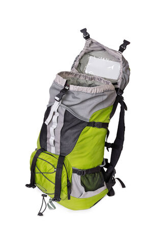 Side shot of green opened touristic backpack on white backgroundの写真素材