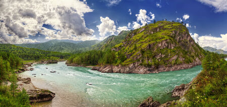 Panorama of Katun river near Chemal hydro electric station (Russia, Altay Republic)の写真素材