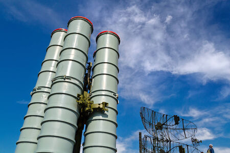 NOVOSIBIRSK, RUSSIA: JULY 25, 2014 - Scy is my love airshow. Russian rocket defense system s-300 with mobile radar stationのeditorial素材