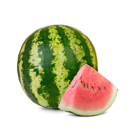 Big green juicy watermelon with red slice isolated on white backgroundの写真素材