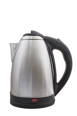Stainless electric kettle isolated on white backgroundの写真素材