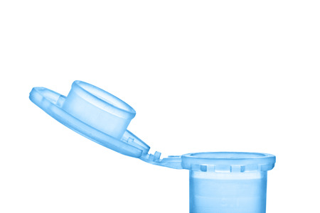Opened laboratory plastic tube isolated on white backgroundの写真素材