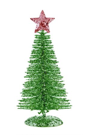 Green shiny Christmas tree with red star isolated on white backgroundの写真素材