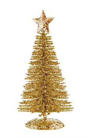 Three quater view of gold shiny Christmas tree with star isolated on white backgroundの写真素材