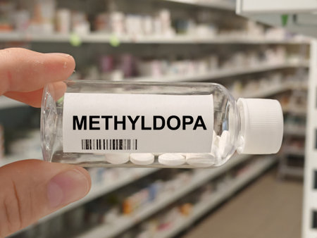Box of METHYLDOPA tablets on a hospital pharmacy table used to treat high blood pressure and an...