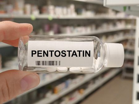 Box of PENTOSTATIN tablets on a hospital pharmacy table used to treat hairy cell leukemia and...