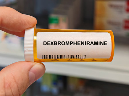 orange plastic Box of DEXBROMPHENIRAMINE tablets on a hospital pharmacy table used to relieve...
