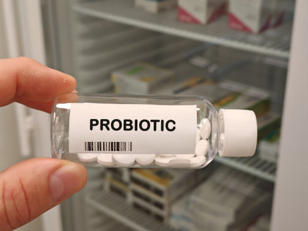 PROBIOTIC supplement topic for gut microbiome and digestive health bottle with tablets