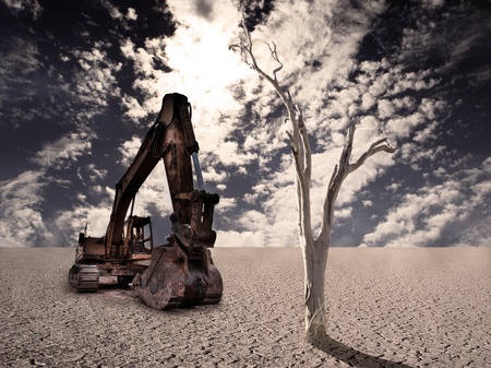 Excavator on the desertの写真素材